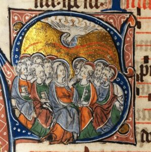A Szentlélek kiáradása. A 339. Csorba blog melléklete. Pünkösd. 1310–1320 körül készült kódex iniciáléja