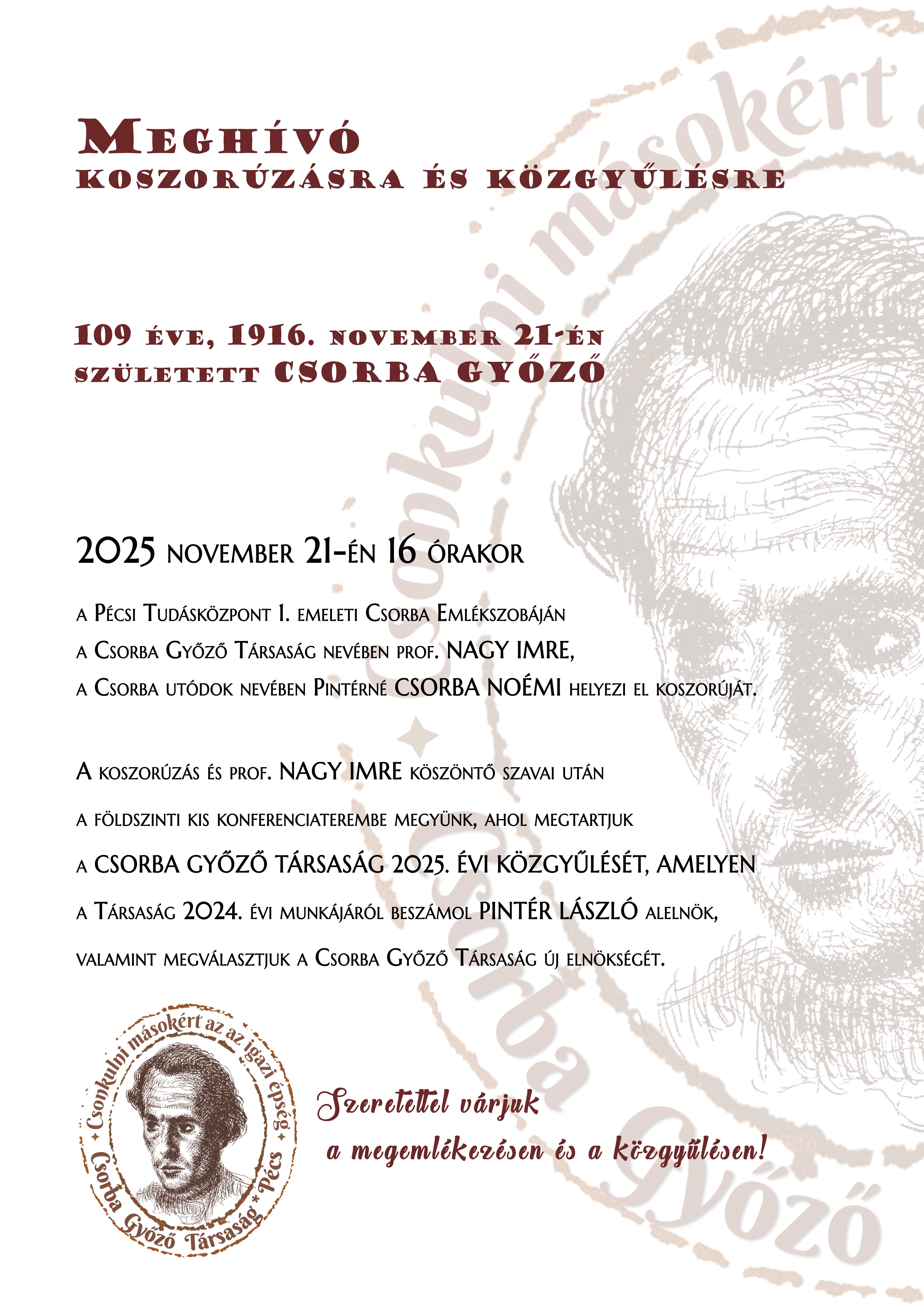 A Csorba Társaság 2025. november 21-ei közgyűlésének meghívója